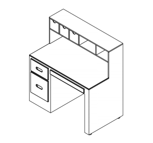 Desk with one drawer and once base cabinet and upper four upper storage shelves with 2 drawer bins PCI-LA-03