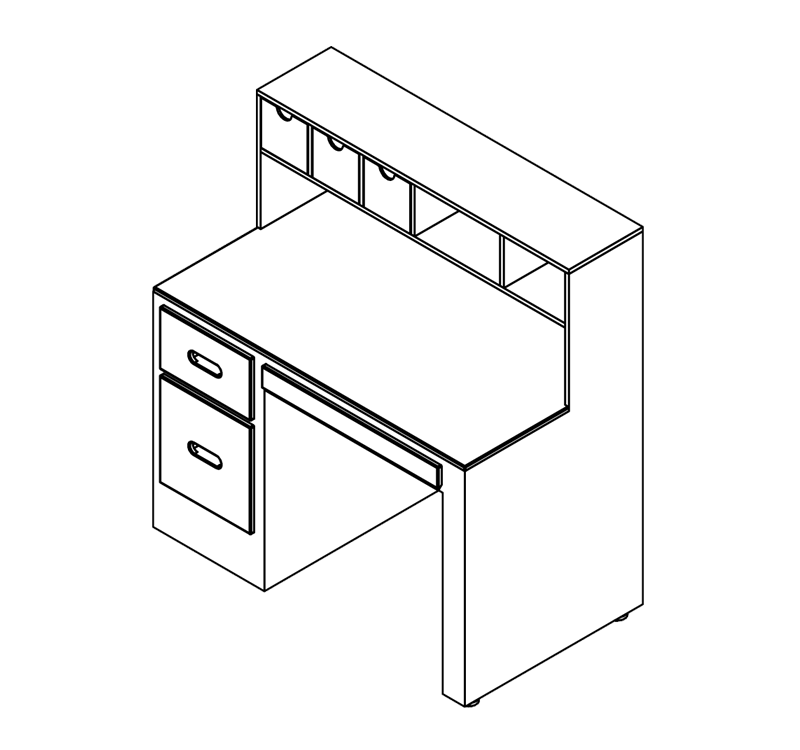 Desk with one drawer and once base cabinet and upper four upper storage shelves with 2 drawer bins PCI-LA-03